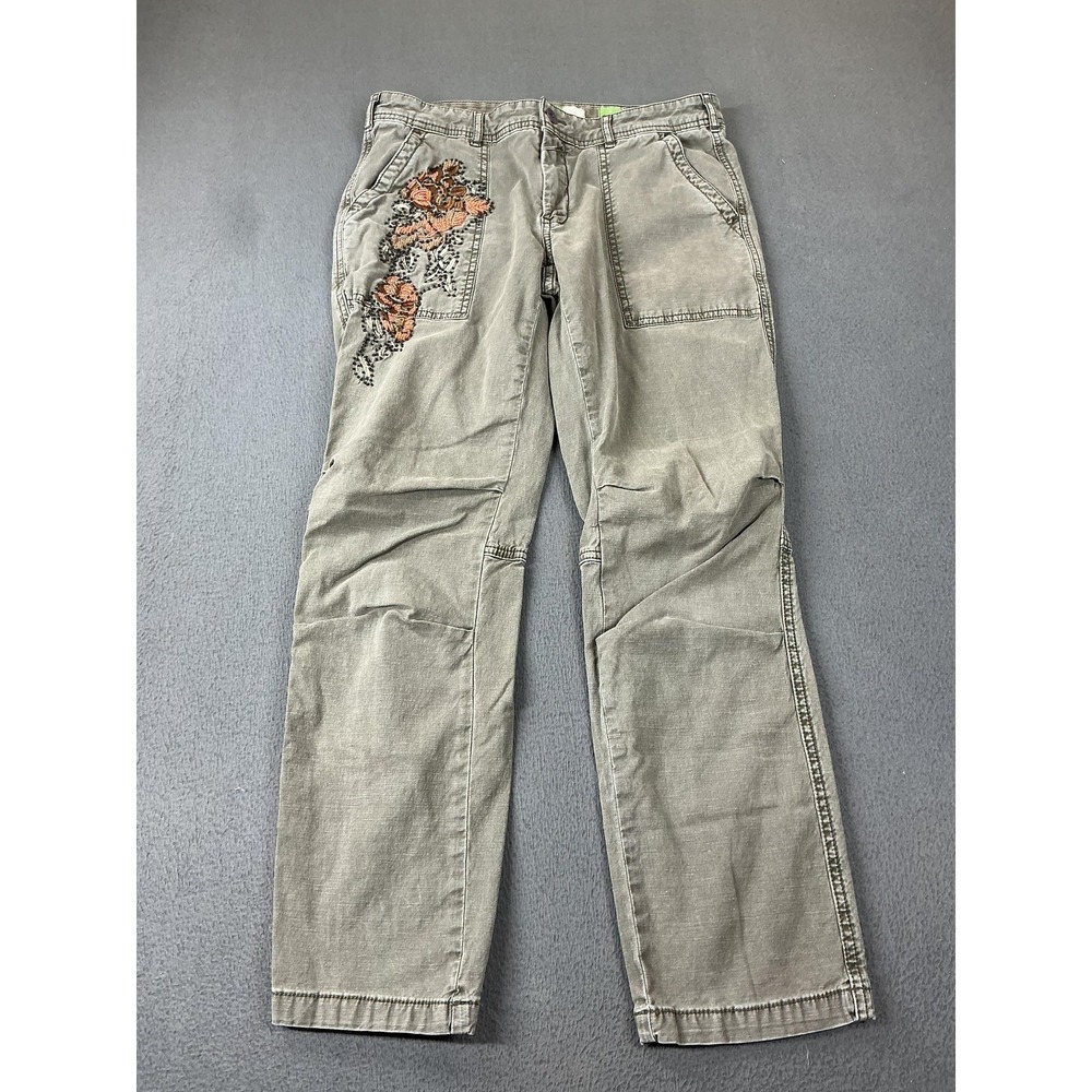 Anthropologie Pants Womens 27 Green Cargo Embroidered Beaded Relaxed Pockets
